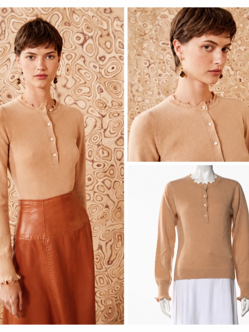Ulla Johnson Reese 100% Cashmere Ruffle Sweater Camel Size L
